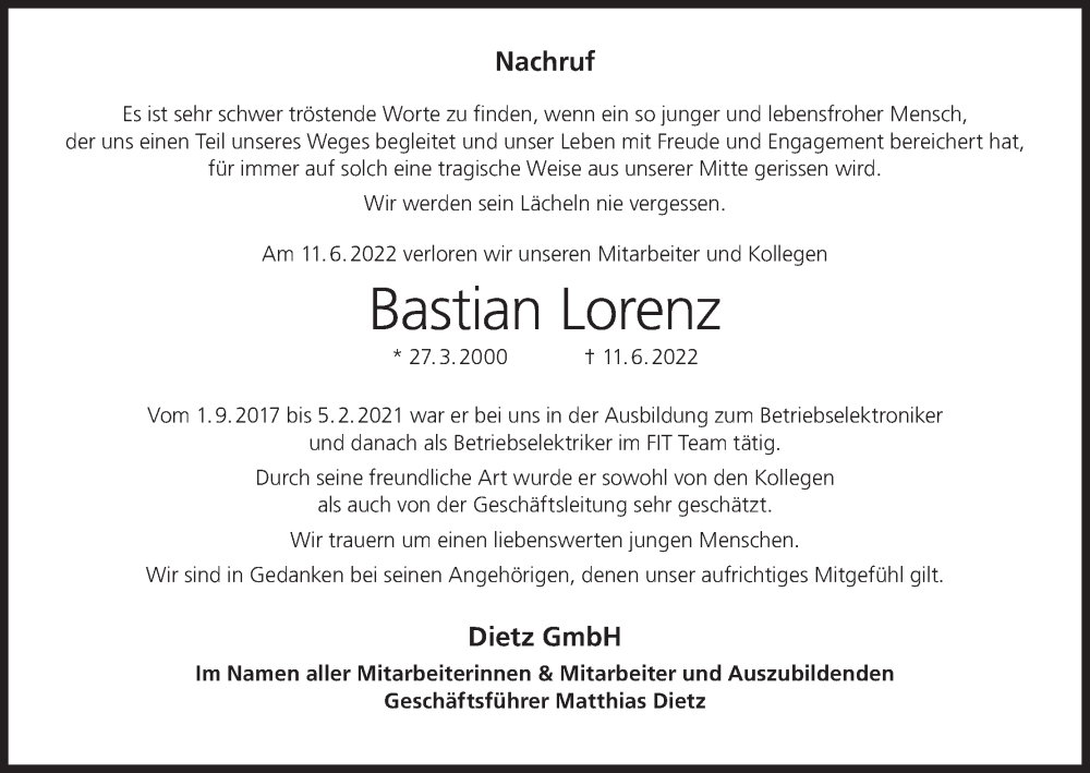  Traueranzeige für Bastian Lorenz vom 25.06.2022 aus MGO