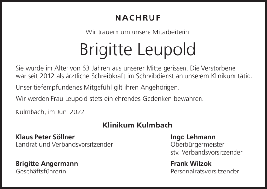 Anzeige von Brigitte Leupold von MGO