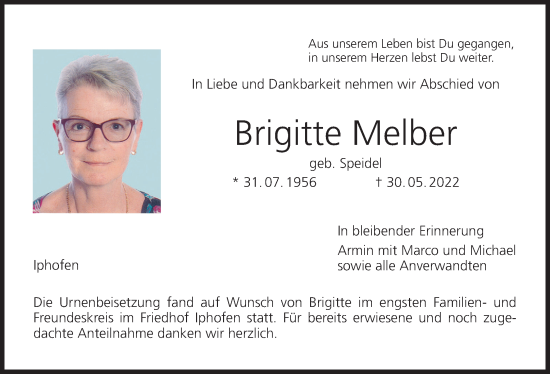 Anzeige von Brigitte Melber von MGO
