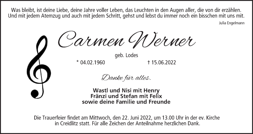 Traueranzeige für Carmen Werner vom 18.06.2022 aus MGO