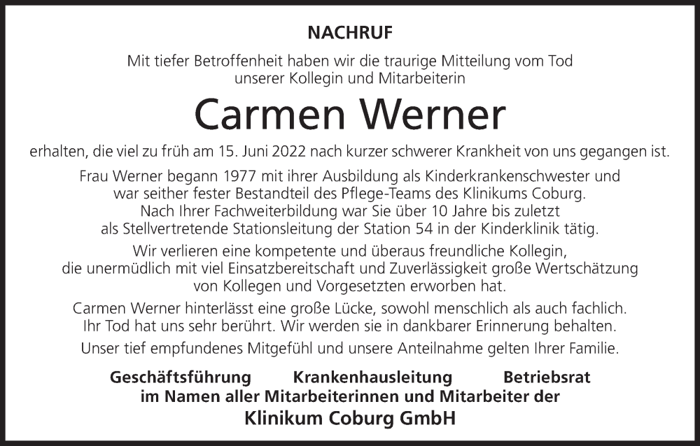  Traueranzeige für Carmen Werner vom 25.06.2022 aus MGO
