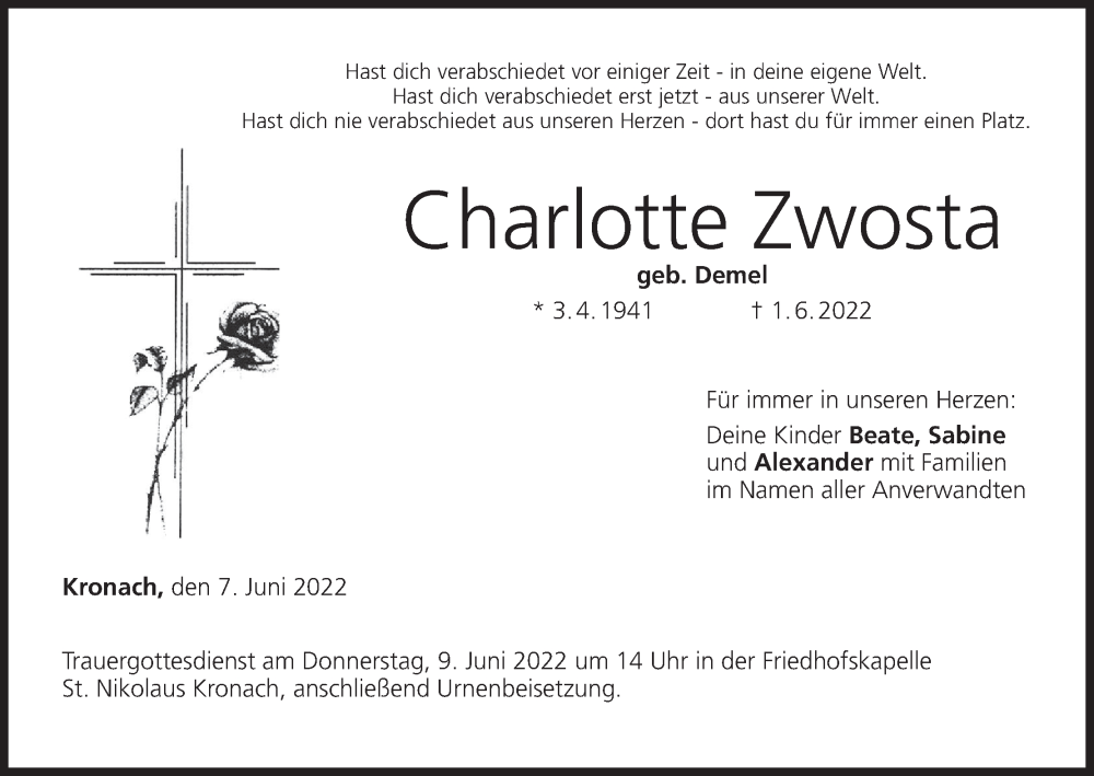 Traueranzeige für Charlotte Zwosta vom 07.06.2022 aus MGO
