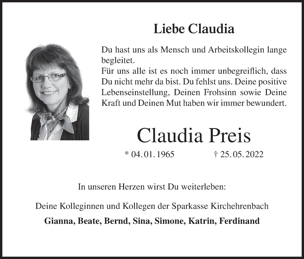  Traueranzeige für Claudia Preis vom 18.06.2022 aus MGO