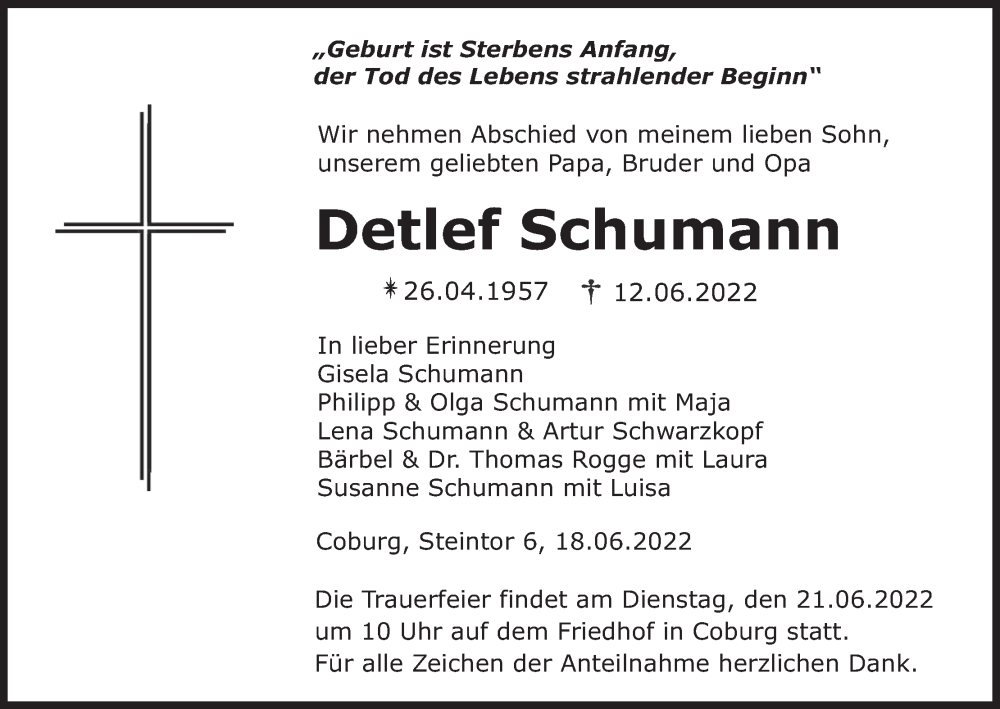  Traueranzeige für Detlef Schumann vom 18.06.2022 aus MGO