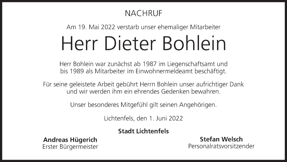  Traueranzeige für Dieter Bohlein vom 03.06.2022 aus MGO