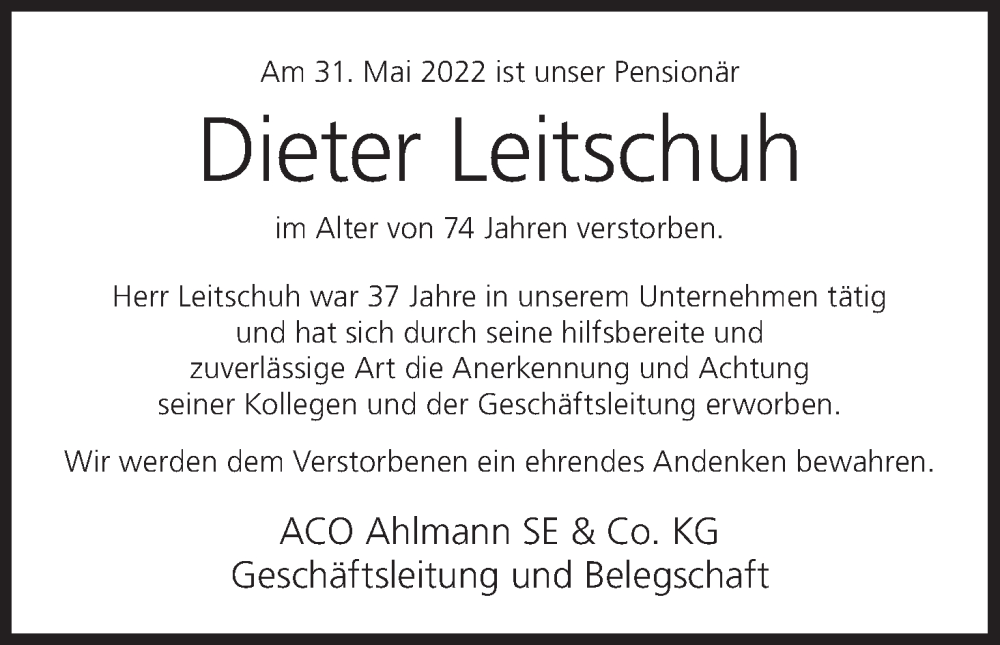 Traueranzeige für Dieter Leitschuh vom 04.06.2022 aus MGO