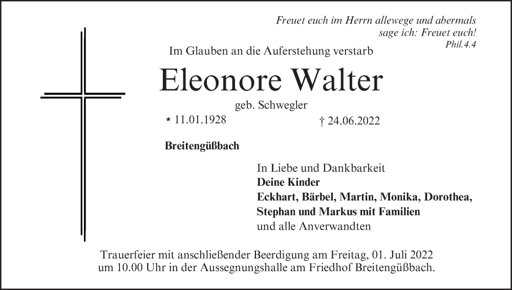  Traueranzeige für Eleonore Walter vom 29.06.2022 aus MGO