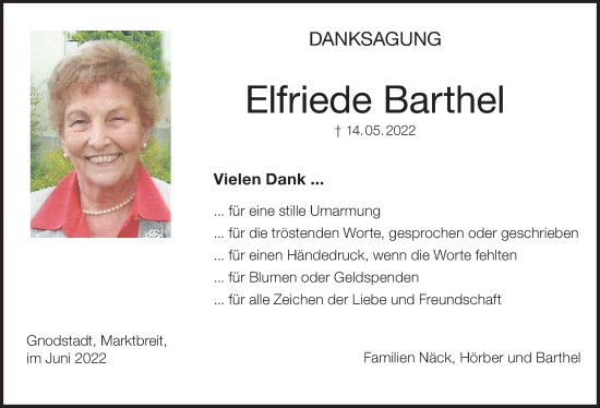 Anzeige von Elfriede Barthel von MGO