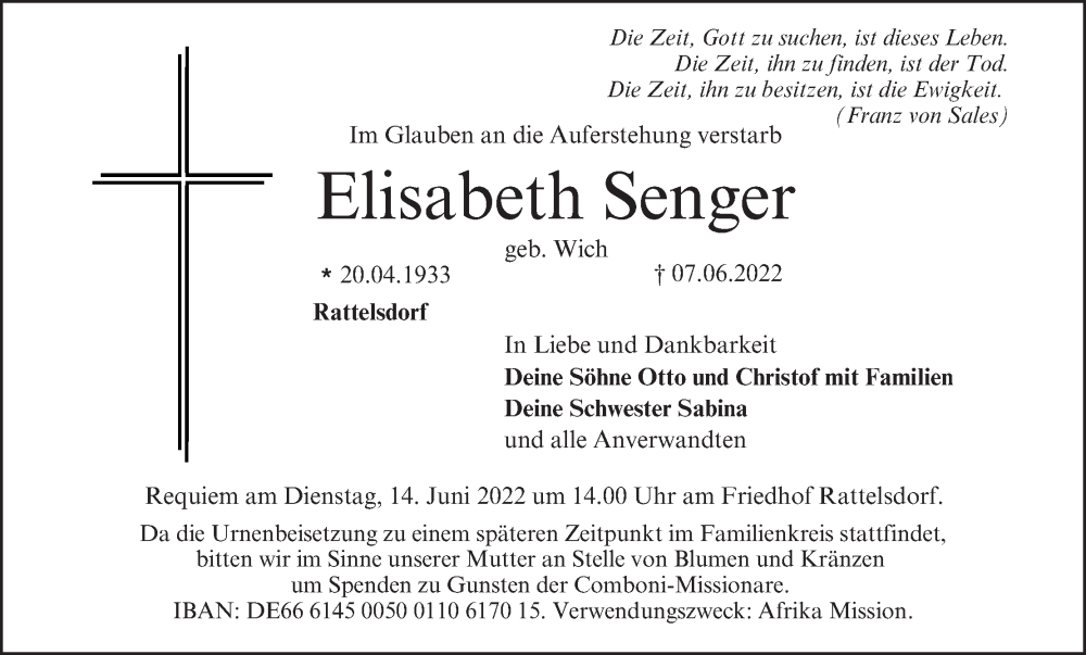  Traueranzeige für Elisabeth Senger vom 11.06.2022 aus MGO
