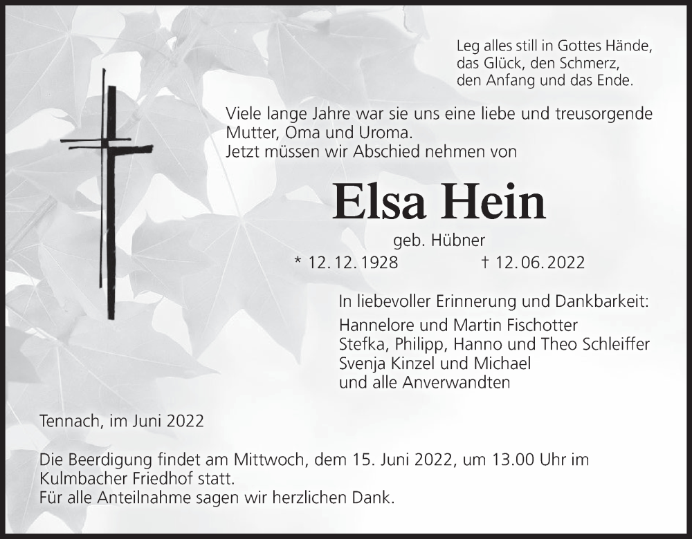  Traueranzeige für Elsa Hein vom 14.06.2022 aus MGO