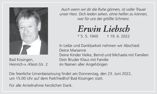 Anzeige von Erwin Liebsch von MGO