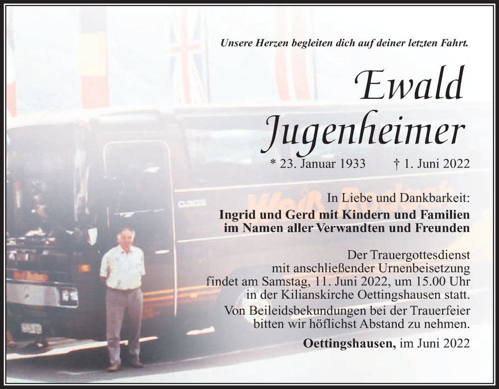  Traueranzeige für Ewald Jugenheimer vom 08.06.2022 aus MGO