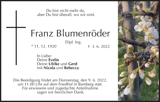 Anzeige von Franz Blumenröder von MGO