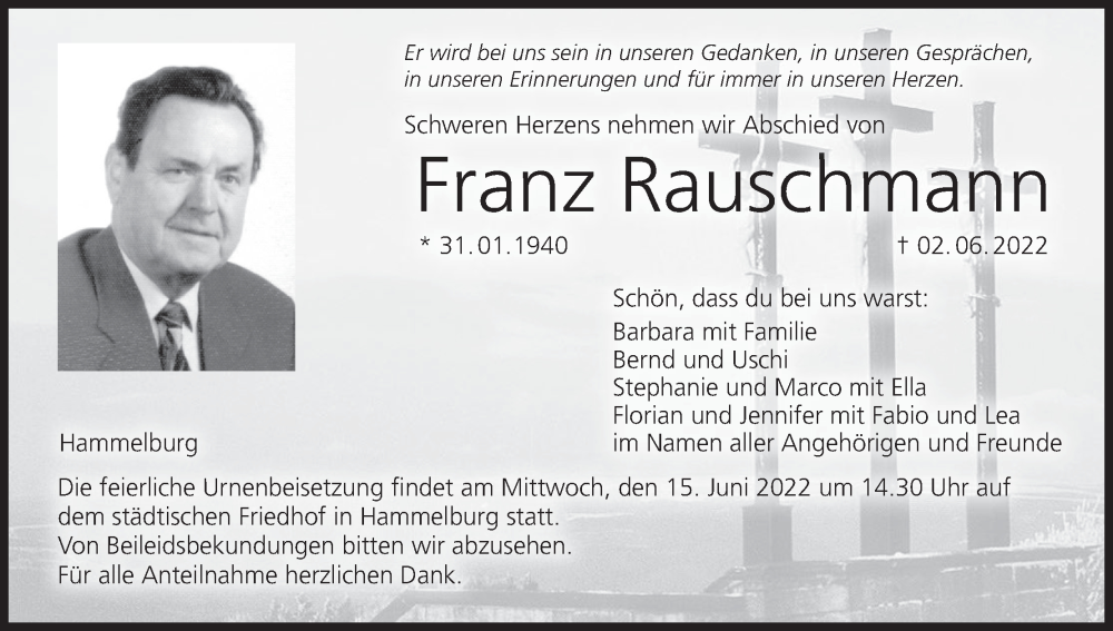  Traueranzeige für Franz Rauschmann vom 11.06.2022 aus MGO