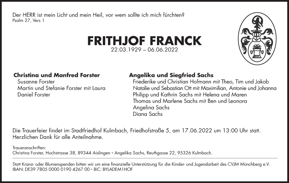  Traueranzeige für Frithjof Franck vom 15.06.2022 aus MGO