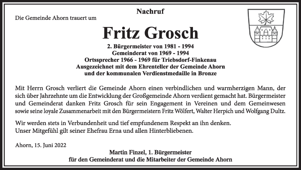  Traueranzeige für Fritz Grosch vom 16.06.2022 aus MGO