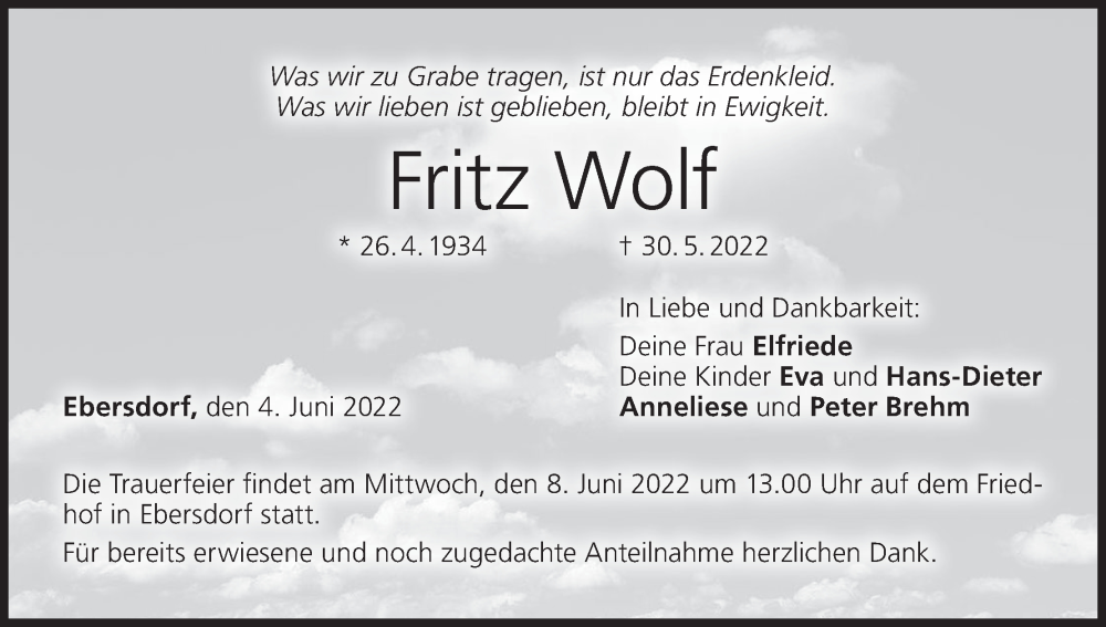  Traueranzeige für Fritz Wolf vom 04.06.2022 aus MGO