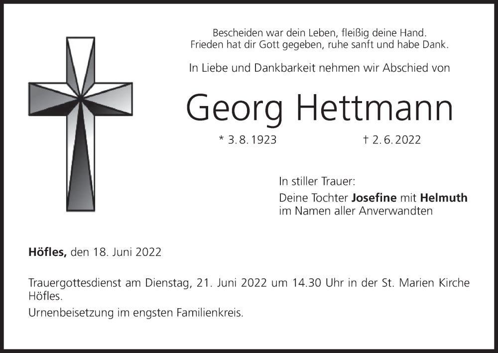  Traueranzeige für Georg Hettmann vom 18.06.2022 aus MGO