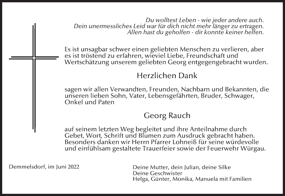  Traueranzeige für Georg Rauch vom 25.06.2022 aus MGO