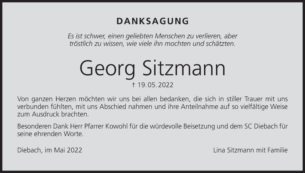  Traueranzeige für Georg Sitzmann vom 11.06.2022 aus MGO