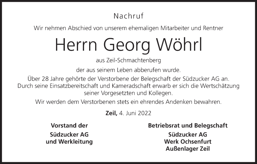  Traueranzeige für Georg Wöhrl vom 04.06.2022 aus MGO
