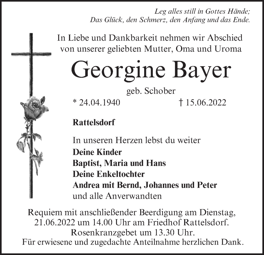  Traueranzeige für Georgine Bayer vom 18.06.2022 aus MGO