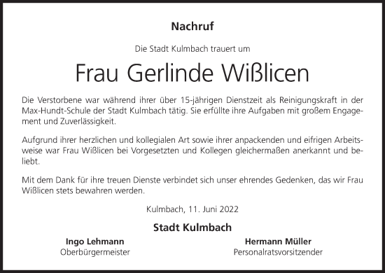 Anzeige von Gerlinde Wißlicen von MGO