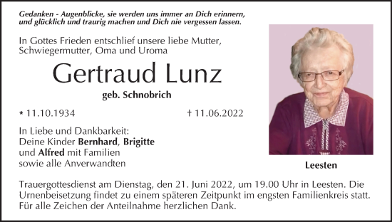 Anzeige von Gertraud Lunz von MGO