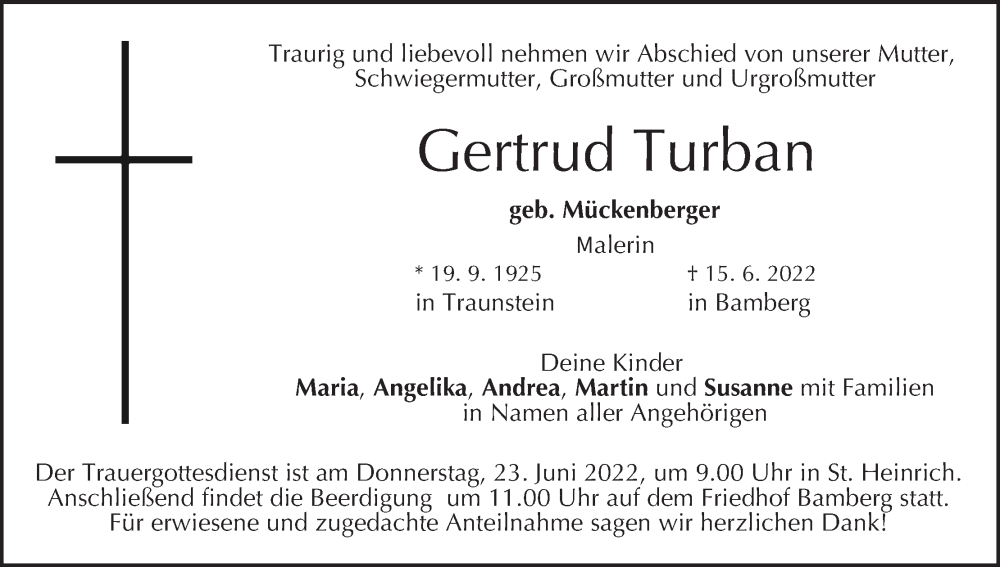  Traueranzeige für Gertrud Turban vom 20.06.2022 aus MGO
