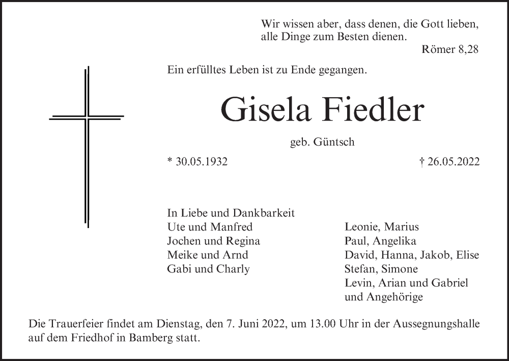  Traueranzeige für Gisela Fiedler vom 01.06.2022 aus MGO