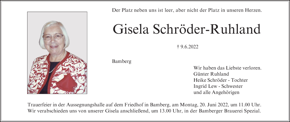 Traueranzeige für Gisela Schröder-Ruhland vom 16.06.2022 aus MGO