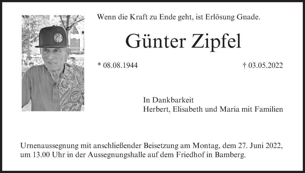  Traueranzeige für Günter Zipfel vom 18.06.2022 aus MGO