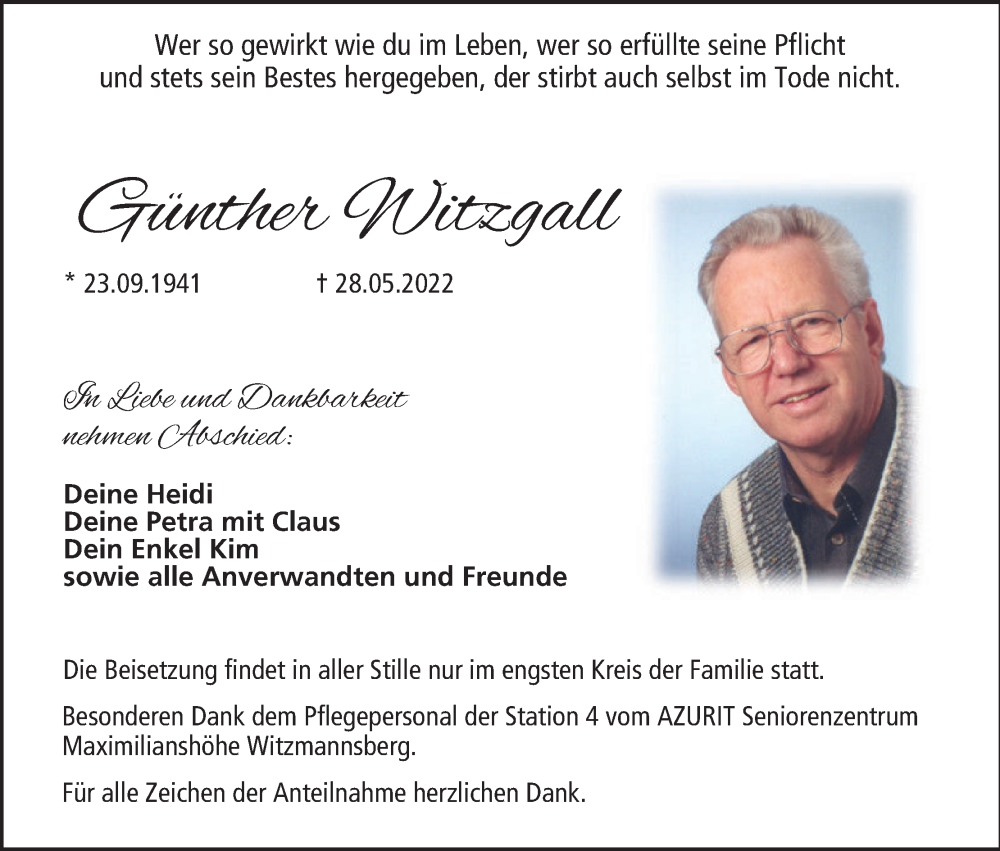  Traueranzeige für Günther Witzgall vom 01.06.2022 aus MGO