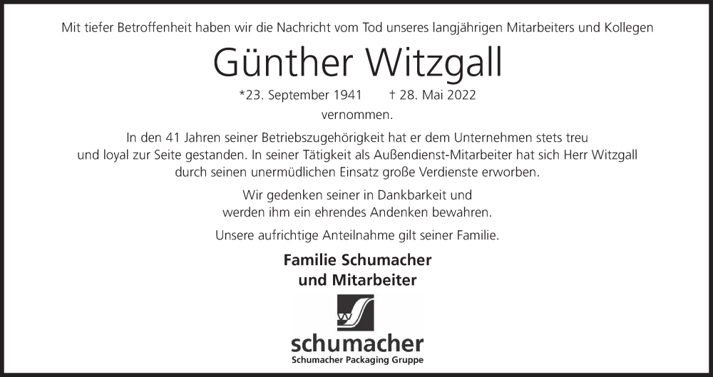  Traueranzeige für Günther Witzgall vom 04.06.2022 aus MGO