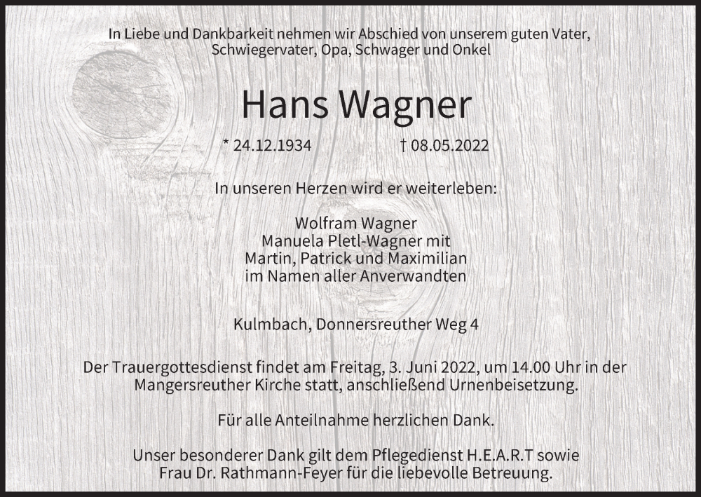  Traueranzeige für Hans Wagner vom 31.05.2022 aus MGO