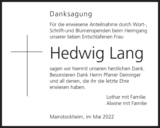 Anzeige von Hedwig Lang von MGO