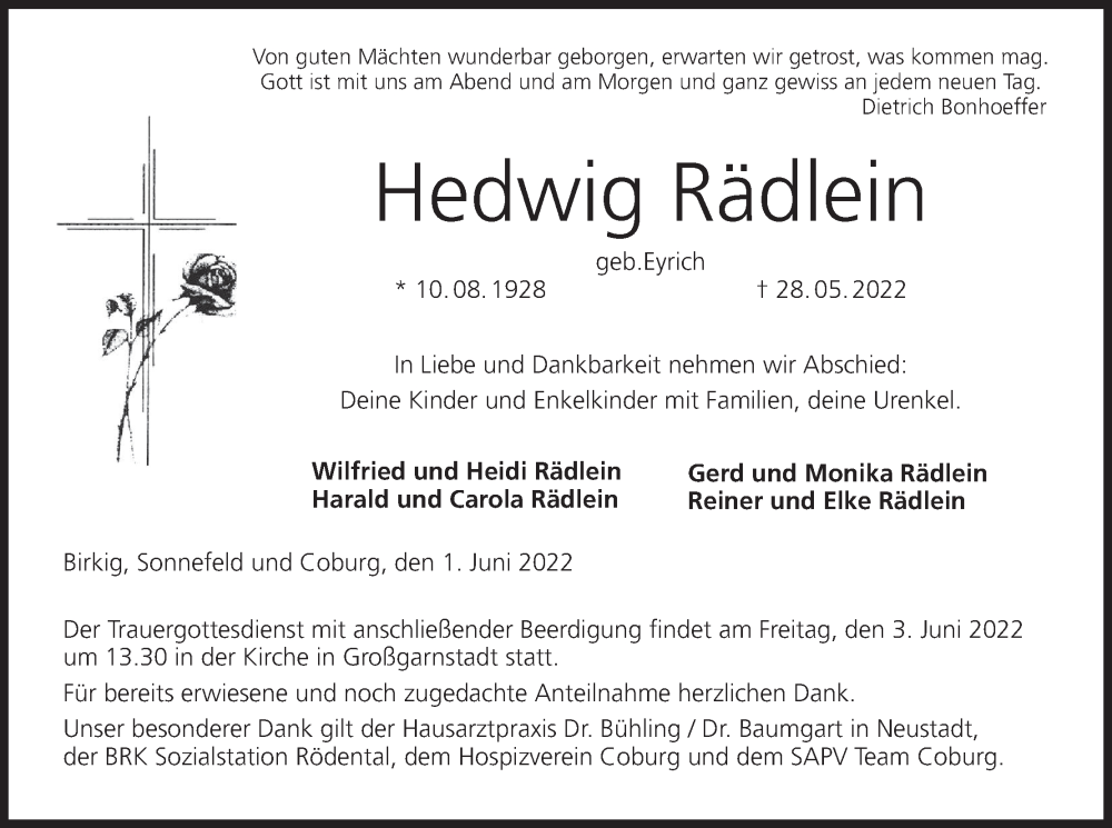  Traueranzeige für Hedwig Rädlein vom 01.06.2022 aus MGO