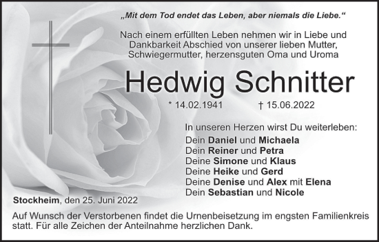 Anzeige von Hedwig Schnitter von MGO