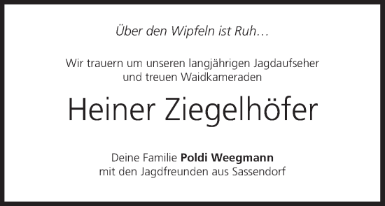 Anzeige von Heiner Ziegelhöfer von MGO