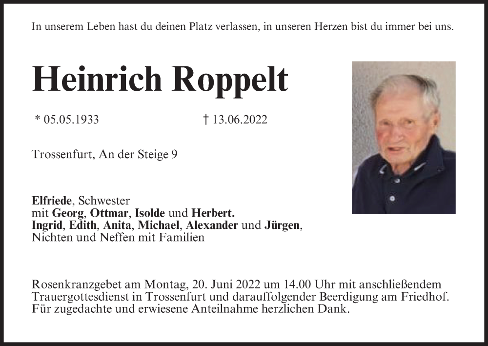  Traueranzeige für Heinrich Roppelt vom 16.06.2022 aus MGO