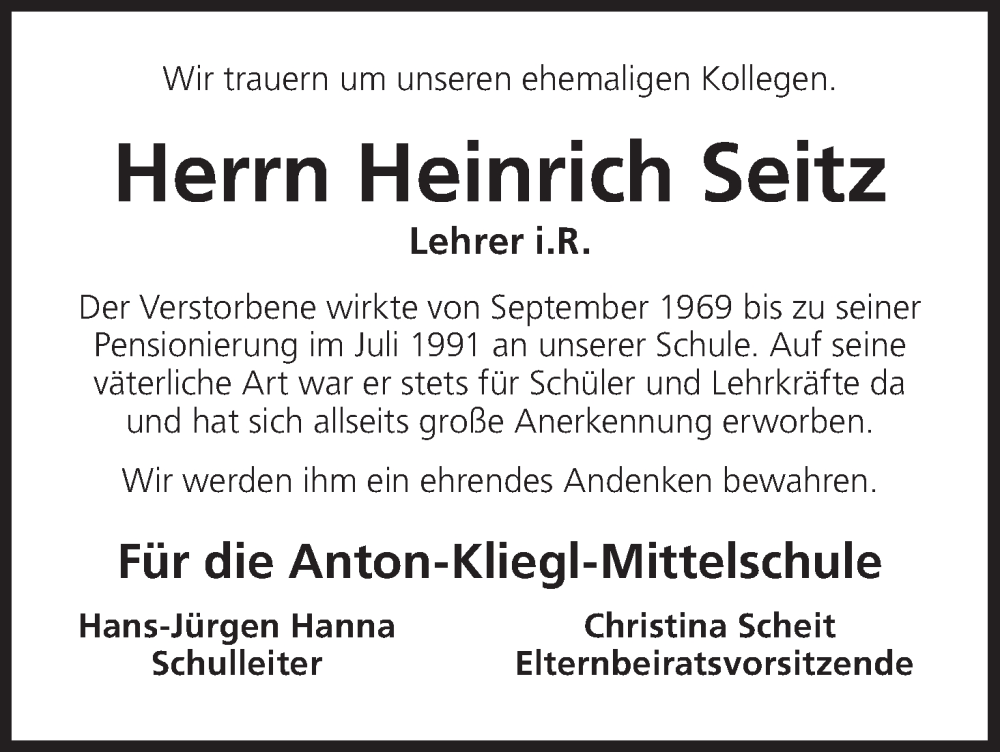  Traueranzeige für Heinrich Seitz vom 03.06.2022 aus MGO