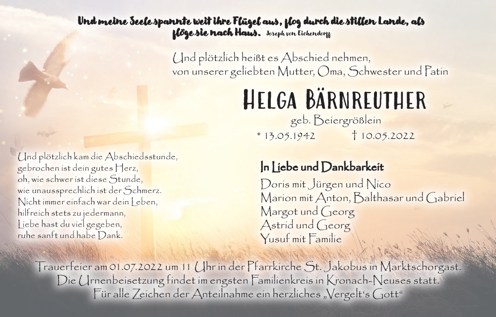  Traueranzeige für Helga Bärnreuther vom 25.06.2022 aus MGO