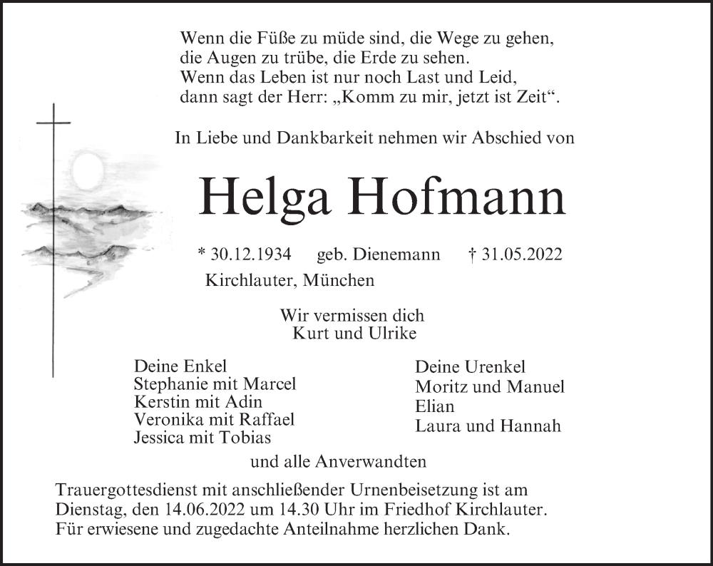 Traueranzeige für Helga Hofmann vom 11.06.2022 aus MGO