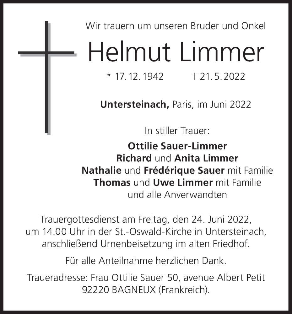  Traueranzeige für Helmut Limmer vom 22.06.2022 aus MGO