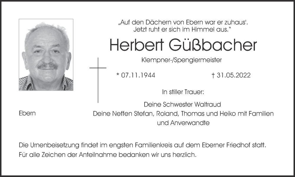  Traueranzeige für Herbert Güßbacher vom 15.06.2022 aus MGO