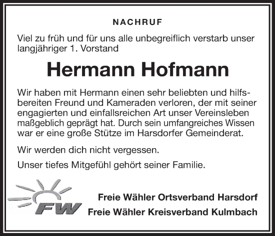 Anzeige von Hermann Hofmann von MGO