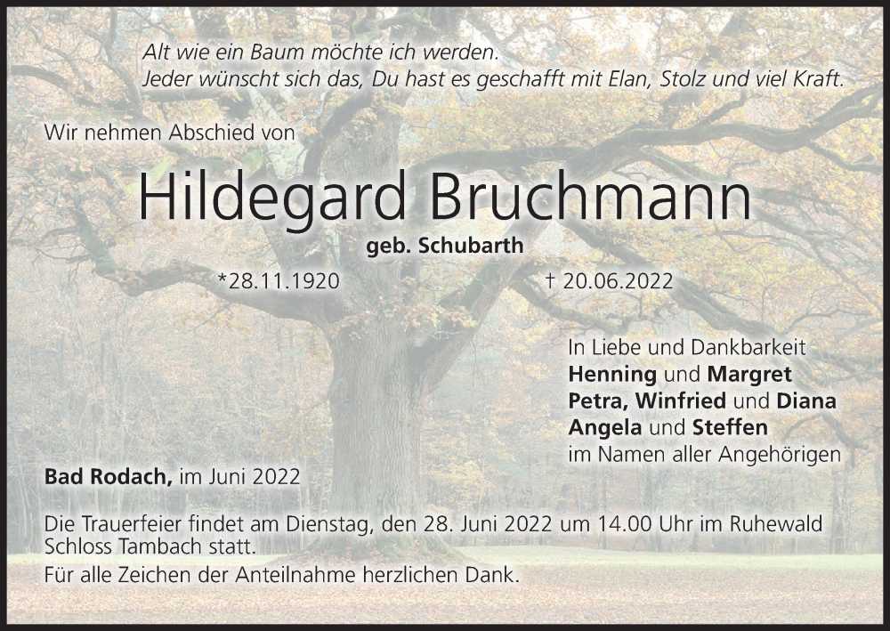  Traueranzeige für Hildegard Bruchmann vom 25.06.2022 aus MGO