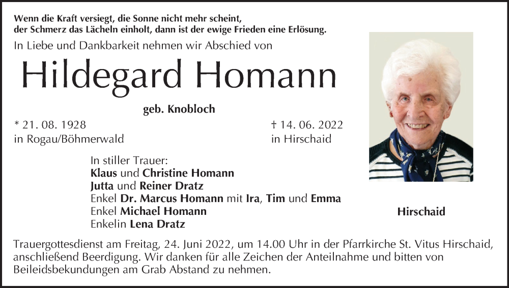  Traueranzeige für Hildegard Homann vom 18.06.2022 aus MGO