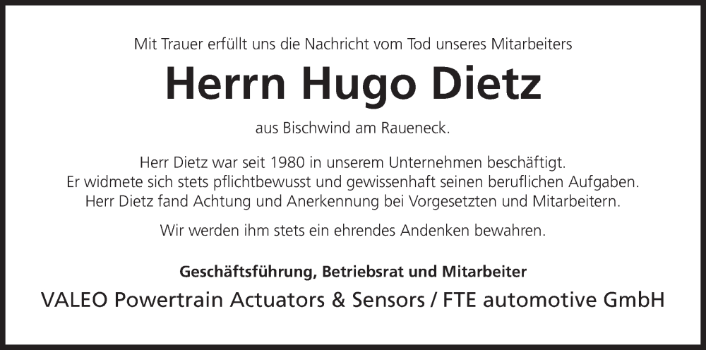  Traueranzeige für Hugo Dietz vom 23.06.2022 aus MGO