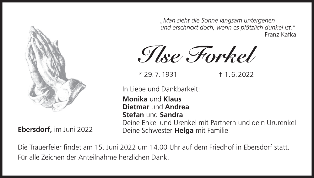  Traueranzeige für Ilse Forkel vom 11.06.2022 aus MGO